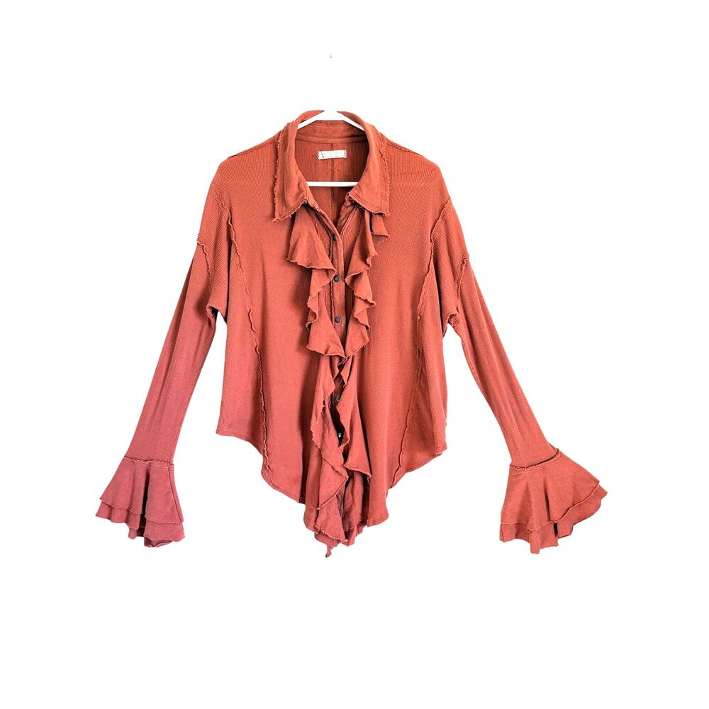 We The Free Feelin' Fresh Shirt Pink Ruffled Snaps Collar Cotton Med Boho Chic